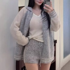 批发<b class='q'>韩国</b>chic 拼色拉链长袖棒球服针织套装