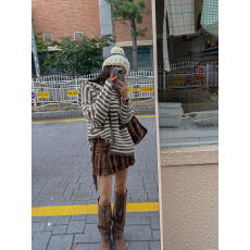 批发已出货  <b class='q'>韩国</b>ins慵懒风撞色条纹连帽软糯宽松毛衣外套