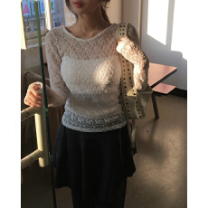 批发已出货 韩国ins 复古钩花弹力外穿<b class='q'>长袖</b>蕾丝衫