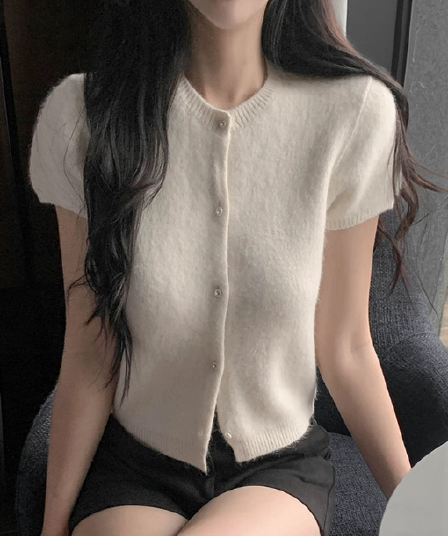 있음 선적 한국 ins 털이 많은 말 카드 용 색상 싱글 줄 버튼 반팔 니트 열기 셔츠