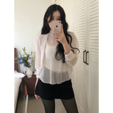 批发韩国ins 温柔立领飘带撞色<b class='q'>波点</b>透视打底叠穿<b class='q'>衬衫</b>