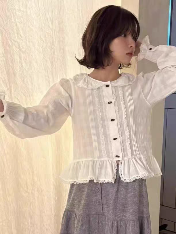 있음 선적 한국 ins 달콤함 연령 감소 작은 대중 디자인 베이비 칼라 레이스 셔츠