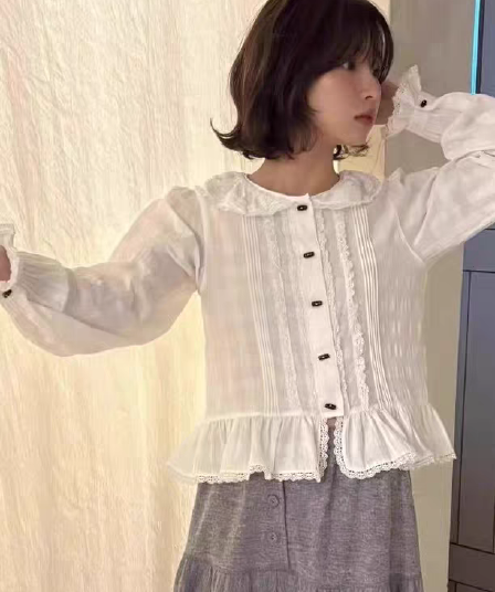 있음 선적 한국 ins 달콤함 연령 감소 작은 대중 디자인 베이비 칼라 레이스 셔츠