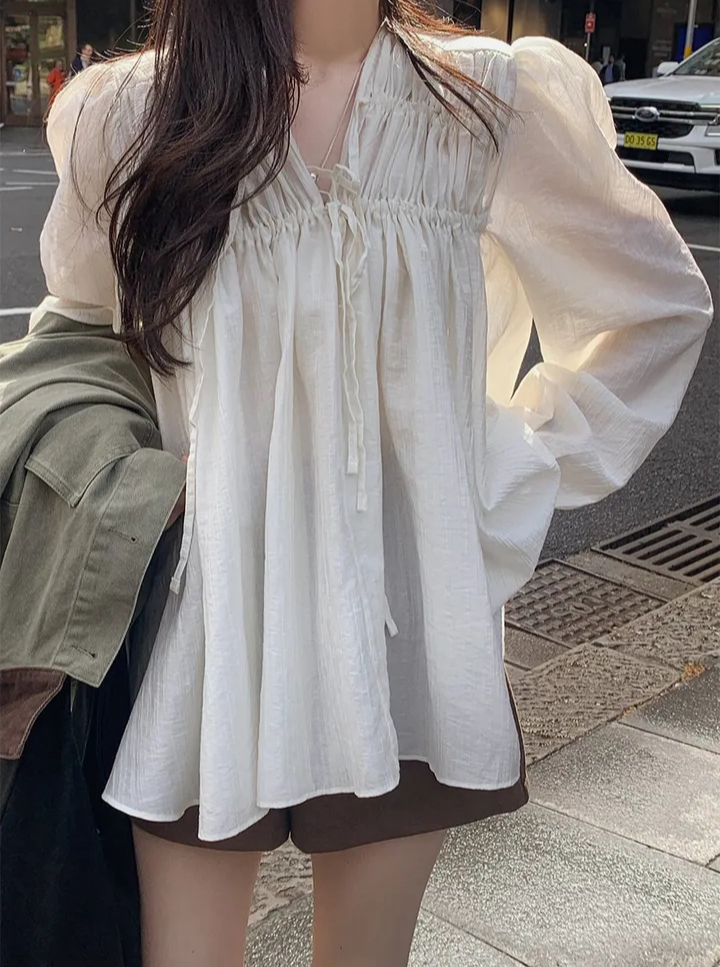 있음 선적 한국 ins 레이스업 V넥 주름 단색 거품 소매 셔츠 쉬폰 블라우스