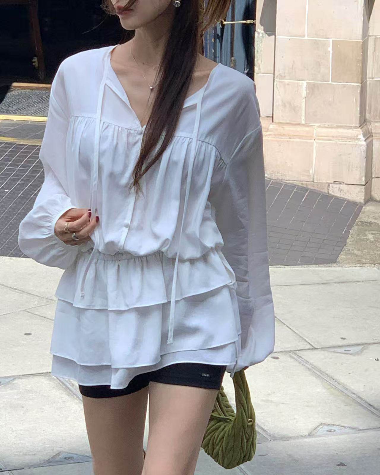 있음 선적 한국 ins V넥 레이스업 펌프 로프 프릴 밑단 셔츠 스타일 드레스
