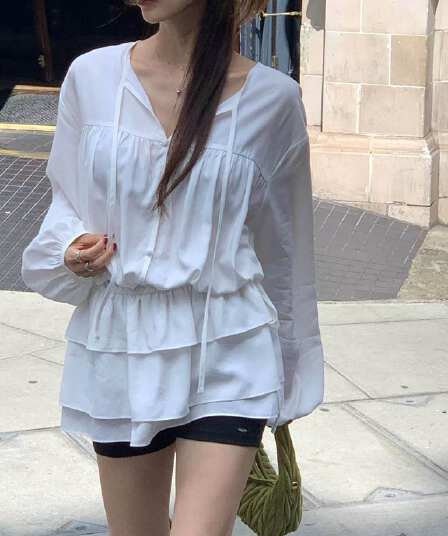 있음 선적 한국 ins V넥 레이스업 펌프 로프 프릴 밑단 셔츠 스타일 드레스