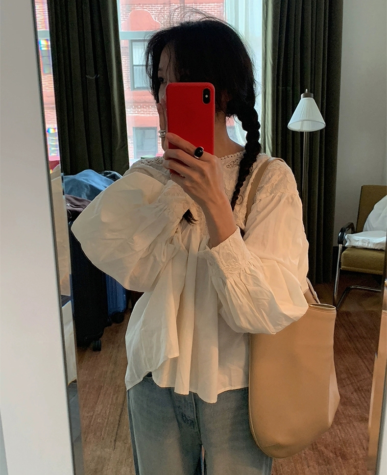 있음 선적 한국 ins 자수 홀로우 아웃 자수 연령 감소 장난기 넘치는 루즈핏 인형 셔츠