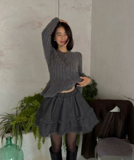 있음 선적 한국 ins lady 달콤함 작은 원 칼라 허리 수축 연꽃 잎 니트 짧은 외투