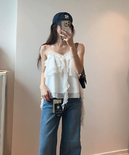 있음 선적 한국 ins 프릴 불규칙 리본 디자인 캐미솔