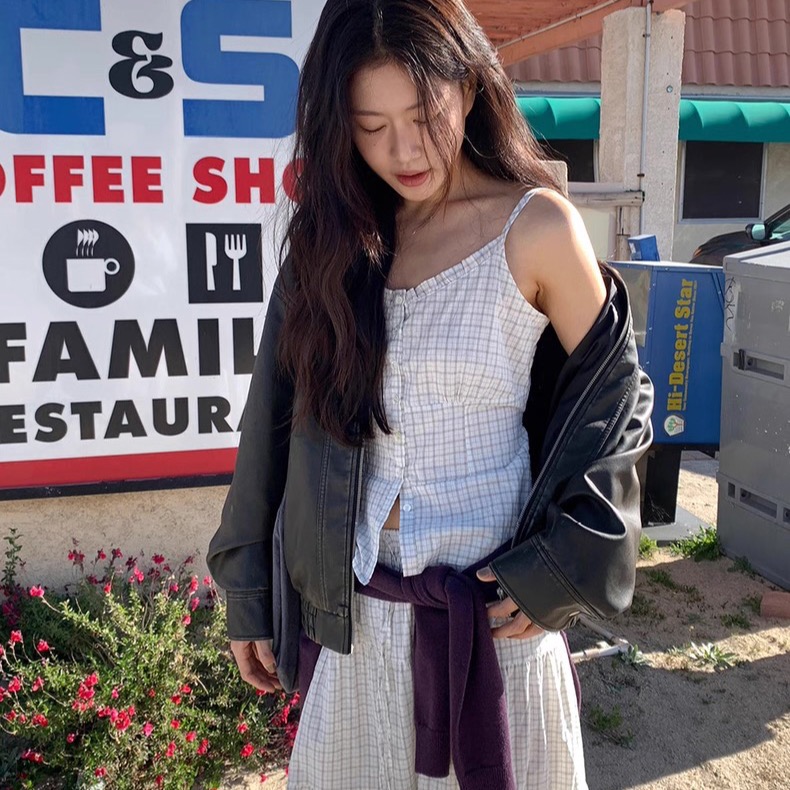 있음 선적 한국 ins 레트로 체크무늬 허리 수축 레이스 부서 버클 캐미솔