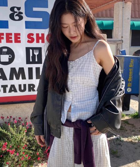 있음 선적 한국 ins 레트로 체크무늬 허리 수축 레이스 부서 버클 캐미솔