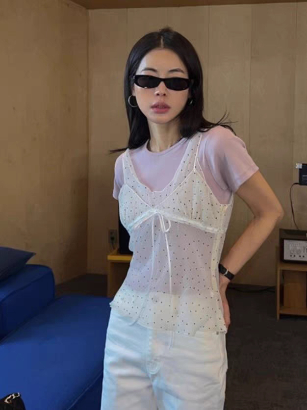 있음 선적 한국 ins 패치워크 디자인 센스 망사 도트 무늬 레이스업 조끼