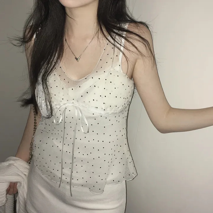 있음 선적 한국 ins 패치워크 디자인 센스 망사 도트 무늬 레이스업 조끼