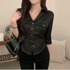 批发已出货  <b class='q'>韩国</b>ins 复古休闲时尚收腰修身<b class='q'>牛仔</b>衬衫