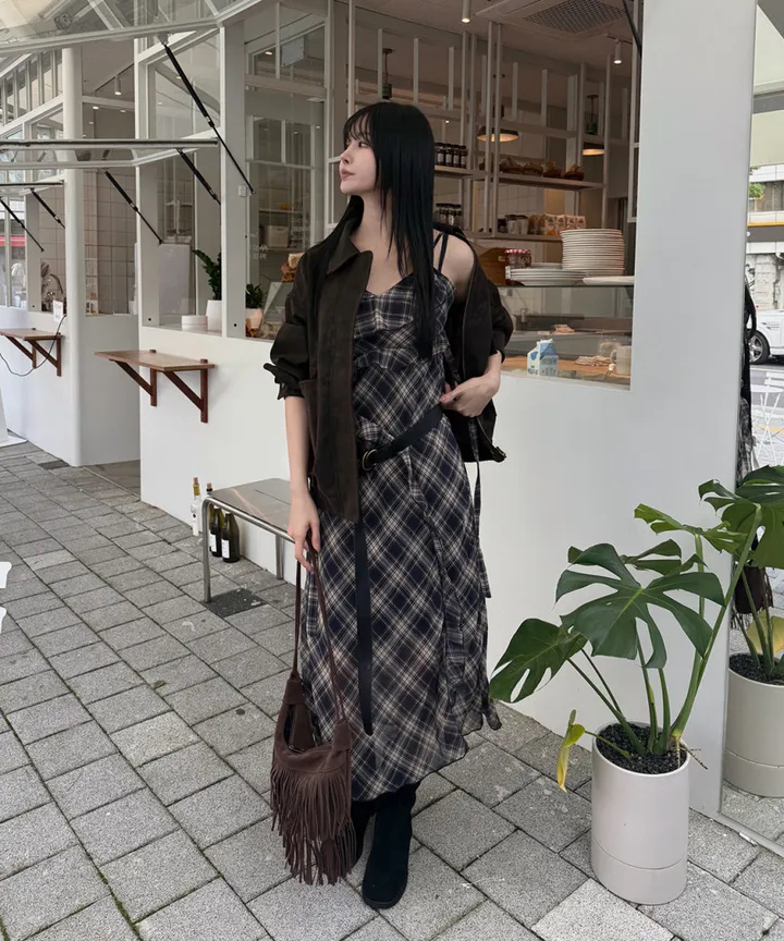 있음 선적 한국 ins 불규칙 프릴 우아한 센스 체크무늬 슬립 드레스