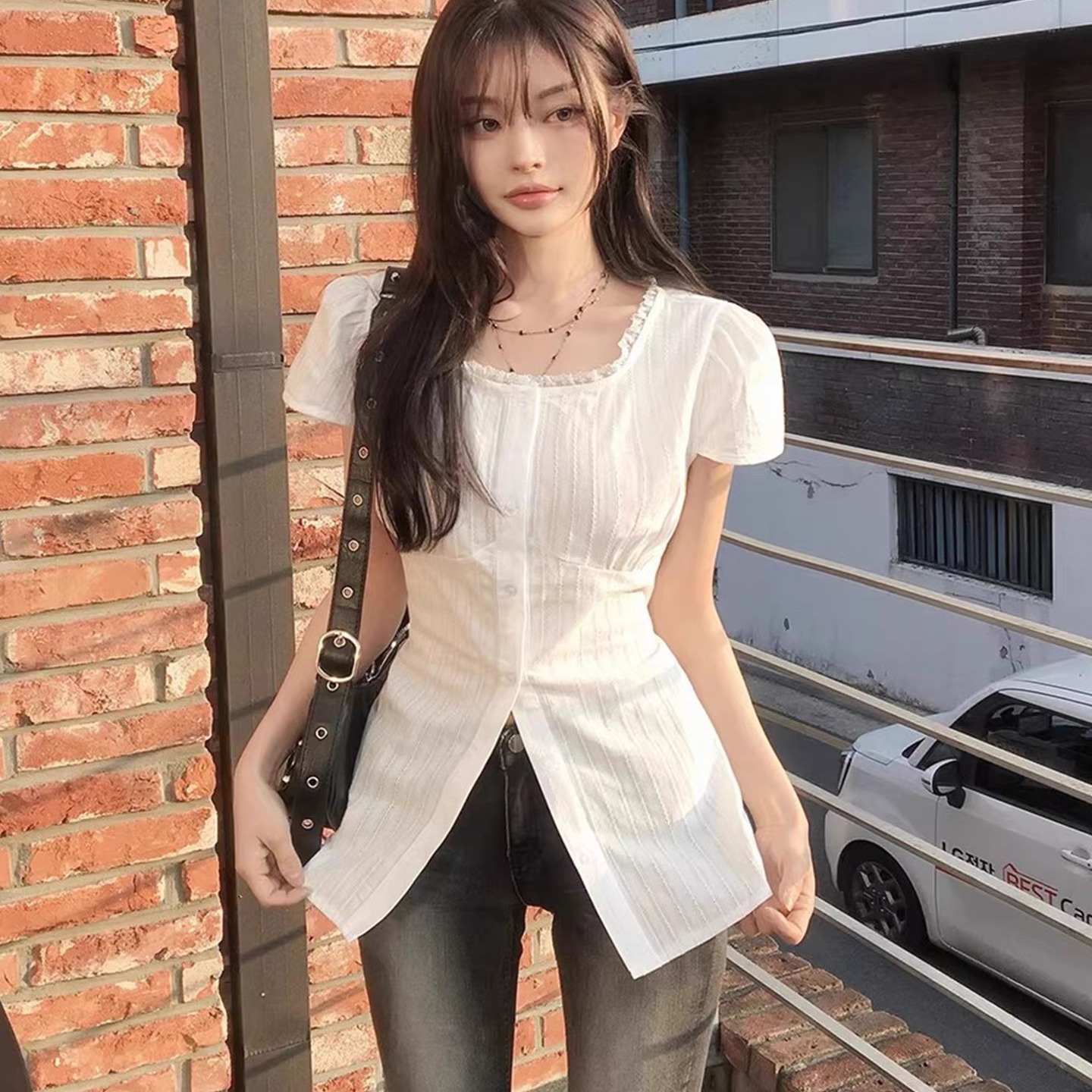 있음 선적 한국 chic 품격 미니멀리즘 광장 칼라 레이스업 허리 수축 셔츠