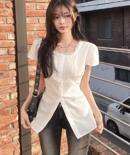 있음 선적 한국 chic 품격 미니멀리즘 광장 칼라 레이스업 허리 수축 셔츠