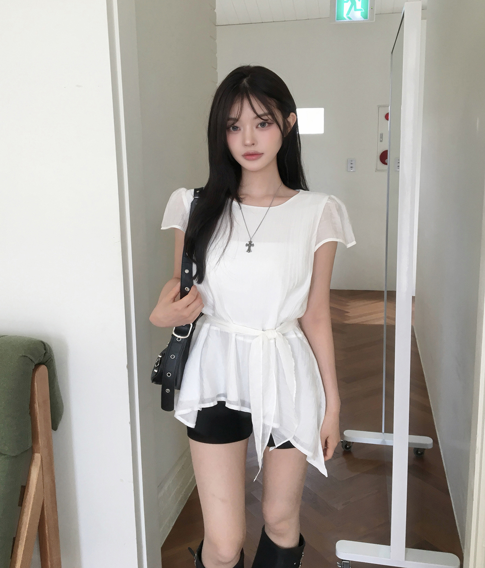 있음 선적 한국 chic 한국 스타일 불규칙 반팔 라운드 넥 셔츠