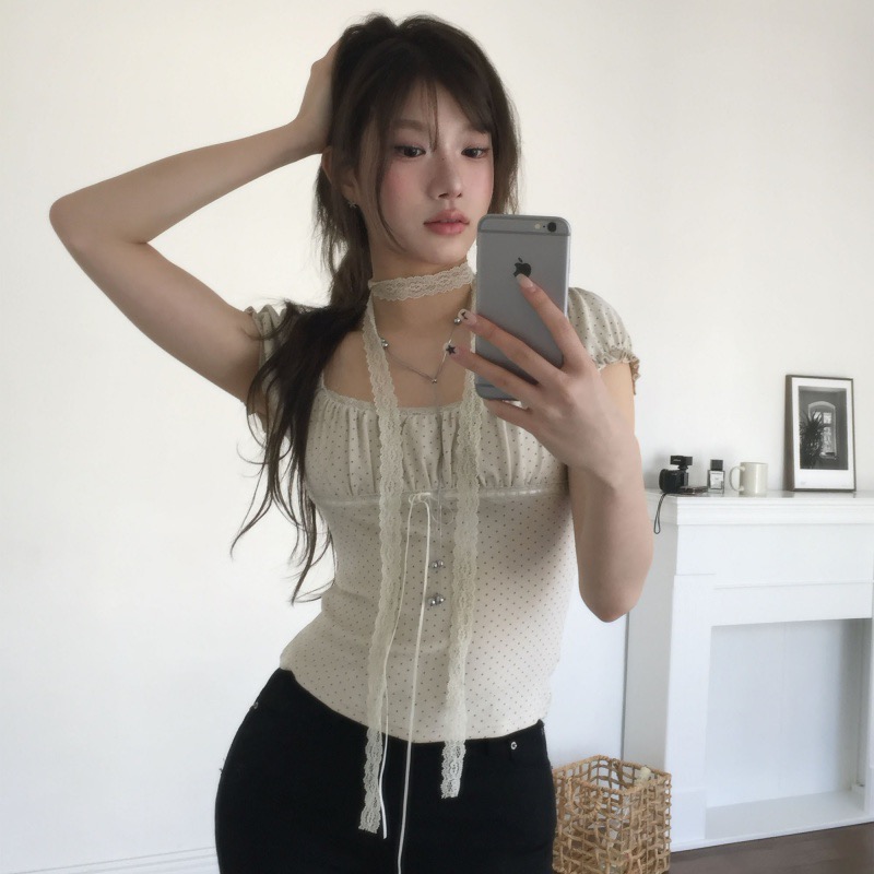 있음 선적 한국 ins 달콤함 레이스 긴 벨트 와인딩 주위 목 레이스 훅 관대 한 칼라 티셔츠