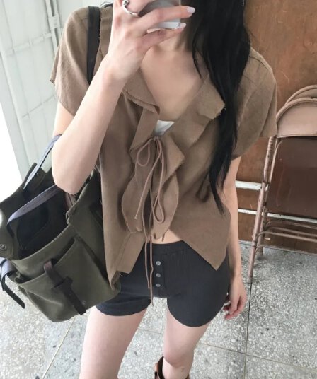 있음 선적 한국 ins 프릴 레이스업 아마 자외선 차단 셔츠