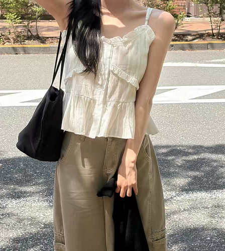있음 선적 한국 ins 레트로 주름 질감 부서 버클 레이스 슬립 셔츠