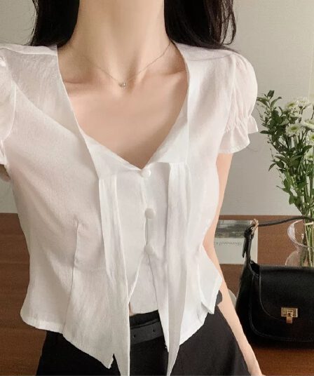 있음 선적 한국 ins 달콤함 품격 레이스업 반팔 셔츠