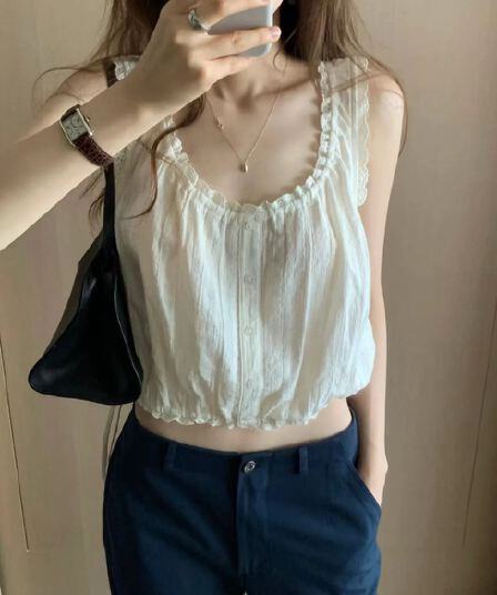 있음 선적 한국 chic 달콤함 소녀 레이스업 레이스 민소매 셔츠