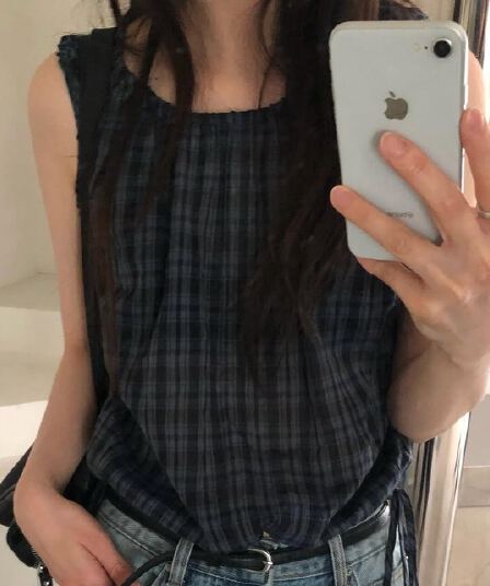 있음 선적 한국 chic 여름 새로운 달콤함 체크무늬 허리 펌프 로프 슬림해 보이는 민소매 셔츠