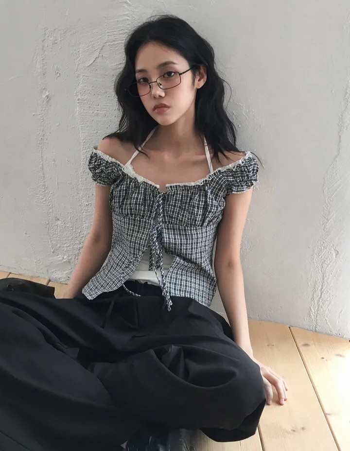 있음 선적 한국 ins 레이스업 레이스 조각 체크무늬 셔츠 인사이드 가져 가라. 슬립 행침 목 투피스 조끼
