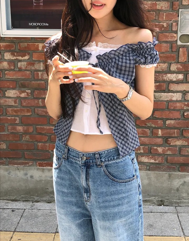 있음 선적 한국 ins 페이크 레이어드 체크무늬 레이스 레이스 반팔 셔츠