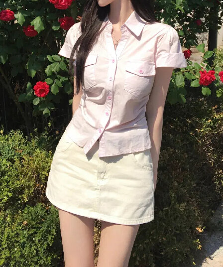 있음 선적 한국 chic 품격 연령 감소 폴로 칼라 몸매 가꾸기 부서 버클 단색 반팔 셔츠