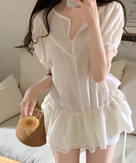 있음 선적 한 부서 달콤함 품격 V넥 펌프 로프 허리 수축 셔츠