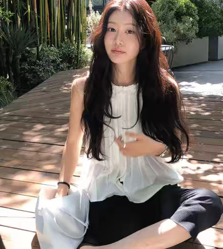 있음 선적 한국 ins 연령 감소 플리츠 레이스 싱글 줄 버튼 민소매 셔츠