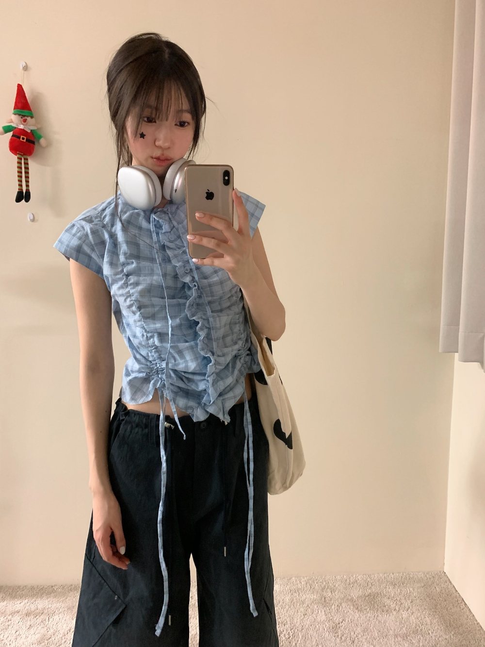 있음 선적 한국 ins 작은 대중 세련된 소녀 체크무늬 셔츠