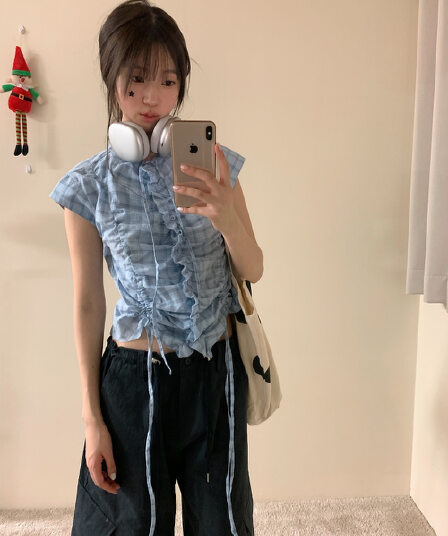 있음 선적 한국 ins 작은 대중 세련된 소녀 체크무늬 셔츠