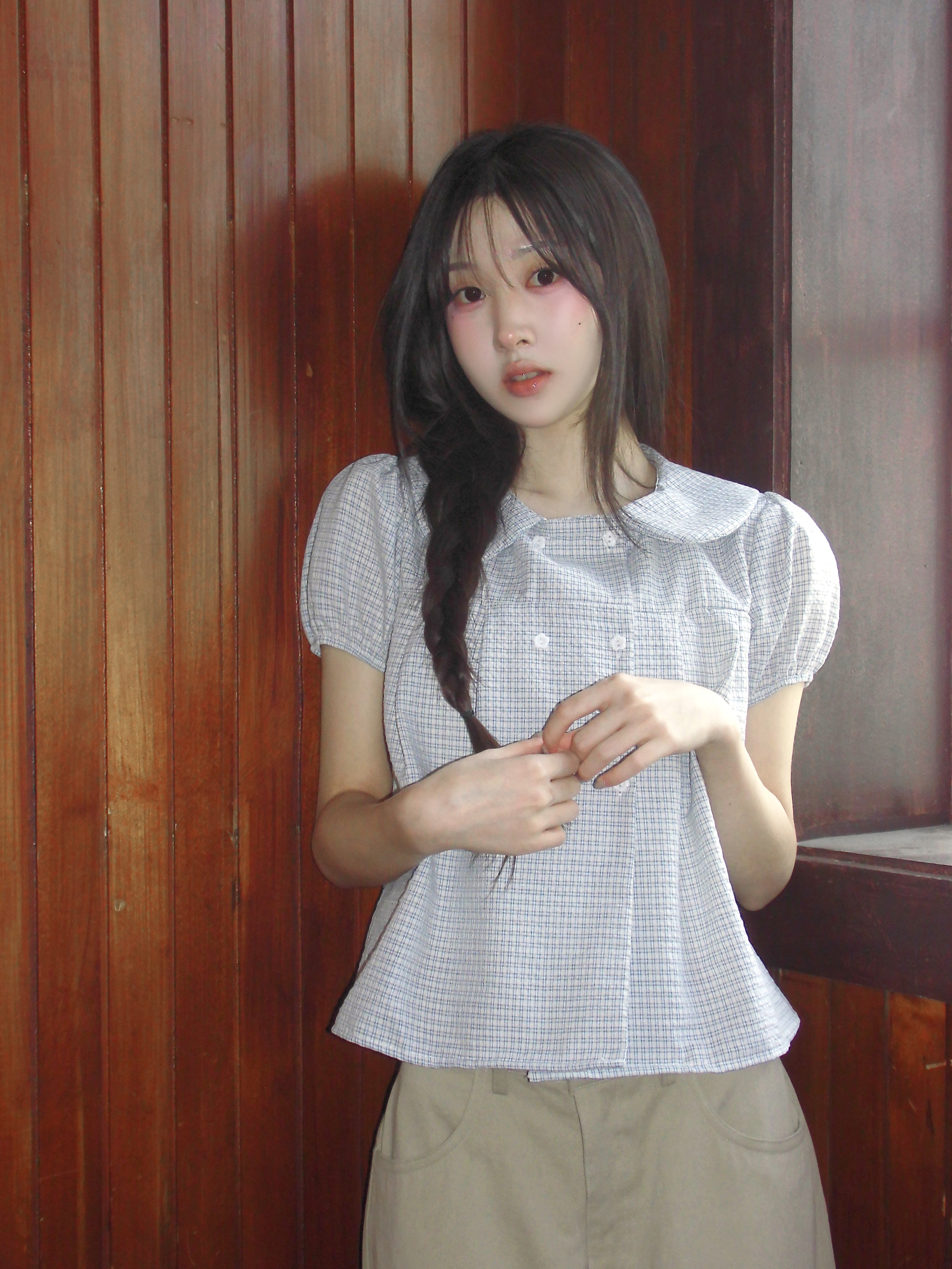 있음 선적 한국 chic 슈퍼 연령 감소 복숭아 베이비 칼라 체크무늬 루즈핏 반팔 셔츠