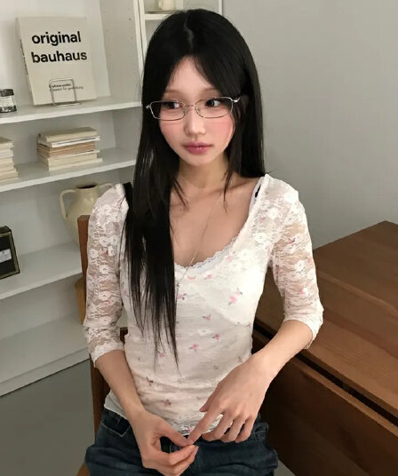 있음 선적 한 부서 순수한 욕망 바람 레이스 꽃무늬 이중층 u 칼라 몸매 가꾸기 중간 소매 t