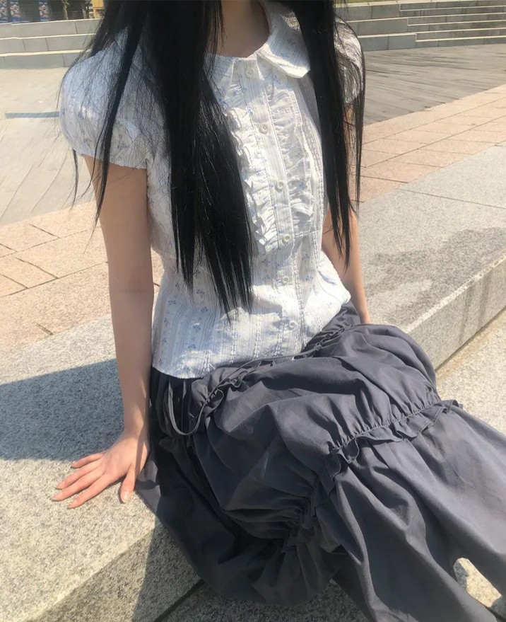 있음 선적 한국 chic 베이비 칼라 꽃무늬 반팔 셔츠
