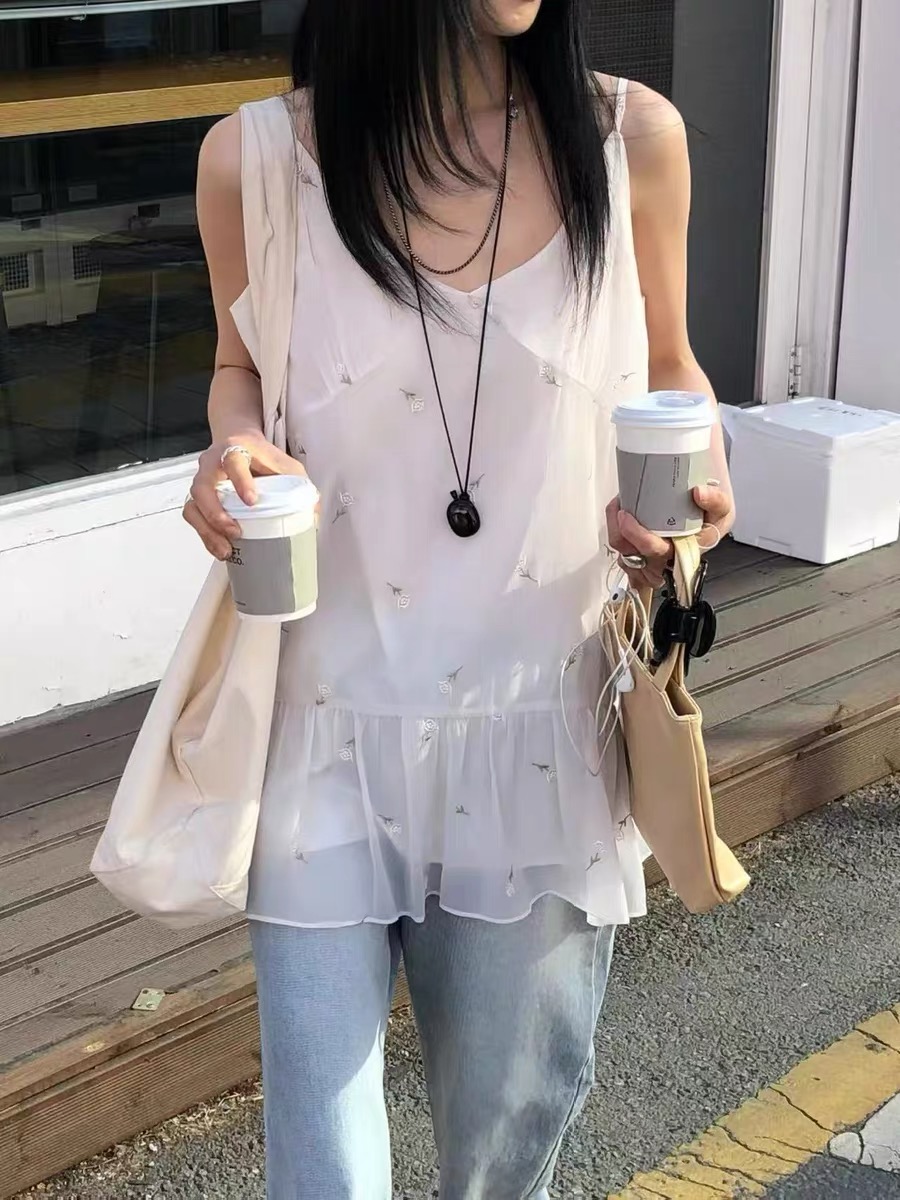 한국 chic 꽃 자수 V넥 민소매 슬립 드레스