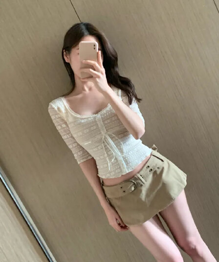있음 선적 한국 ins 아름다운 레이스 광장 칼라 스트랩 반팔 티셔츠