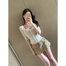 批发已出货 韩国ins   绝美蕾丝方领绑带<b class='q'>短袖</b>T恤