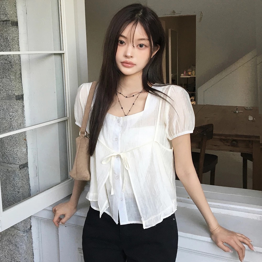 있음 선적 한국 chic 레이스업 슬립 반팔 셔츠 투피스 세트