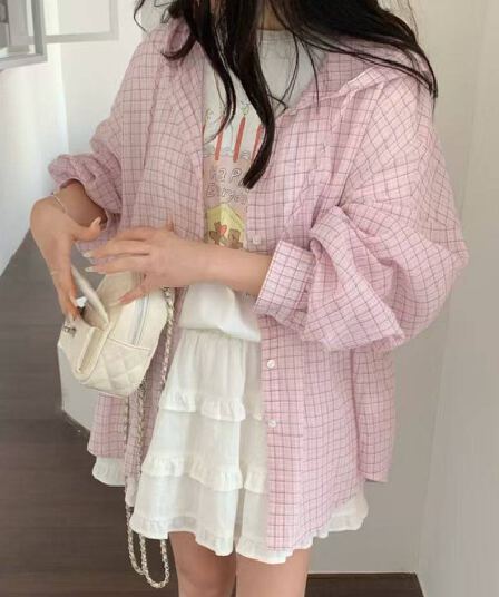 있음 선적 한국 chic 느긋한 다용도 후드 체크무늬 자외선 차단 셔츠
