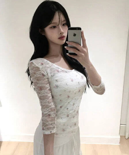 있음 선적 한 부서 순수한 욕망 바람 레이스 꽃무늬 이중층 u 칼라 몸매 가꾸기 중간 소매 t