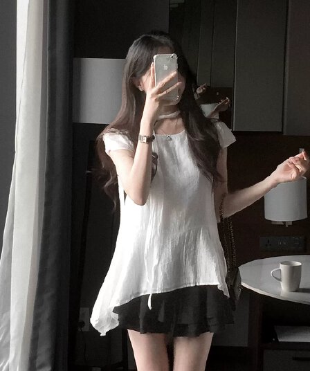 있음 선적 한국 chic 달콤함 레이스업 허리 수축 반팔 셔츠