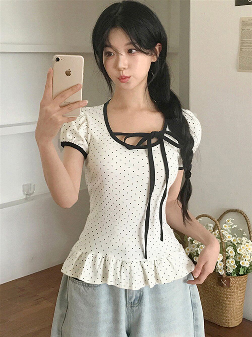 있음 선적 한국 chic Chic 스트랩 u 칼라 연꽃 잎 옆으로 눕다. 바르게 되다 어깨 티셔츠