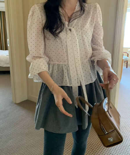 있음 선적 한국 chic 단색 도트 무늬 스트랩 프릴 달콤함 쉬폰 셔츠
