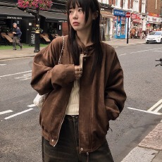 批发已出货    <b class='q'>街头</b>感复古麂皮绒拉链机车休闲夹克短外套