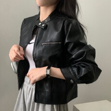 批发已出货  韩国ins 秋<b class='q'>冬</b>气质 机车皮衣 半高领 棒球服皮衣