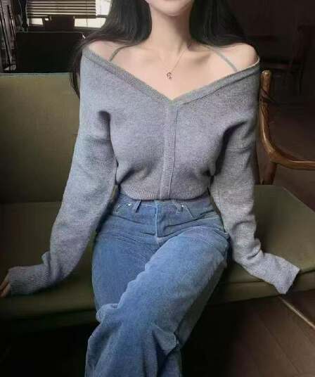 있음 선적 chic 한국 작은 대중 디자인 센스 미니멀리즘 V넥 행침 목 니트 스웨터